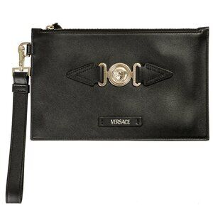 Versace Black Silver Medusa 100% Leather Wristlet Handbag Clutch Bag